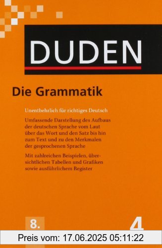 Brand : Duden, Binding : Gebundene Ausgabe, Edition : 8., überarbeitete Auflage., Label : Bibliographisches Institut, Mannheim, Publisher : Bibliographisches Institut, Mannheim, PackageQuantity : 1, Feature : Hersteller : Duden, medium : Gebundene Ausgabe, numberOfPages : 1343, publicationDate : 2009-08-20, authors : Cathrine Fabricius-Hansen, Peter Gallmann, Peter Eisenberg, Reinhard Fiehler, Jörg Peters, languages : german, ISBN : 3411040483