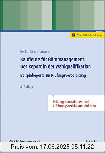 Binding : Taschenbuch, Edition : 4., aktualisierte Auflage. Mit digitalen Mehrwerten : Online-Buch und Zusatz-Downloads inklusive., Label : NWB Verlag, Publisher : NWB Verlag, medium : Taschenbuch, numberOfPages : 134, publicationDate : 2022-04-07, authors : Verena Bettermann, Hankofer, Sina Dorothea, ISBN : 3470100640
