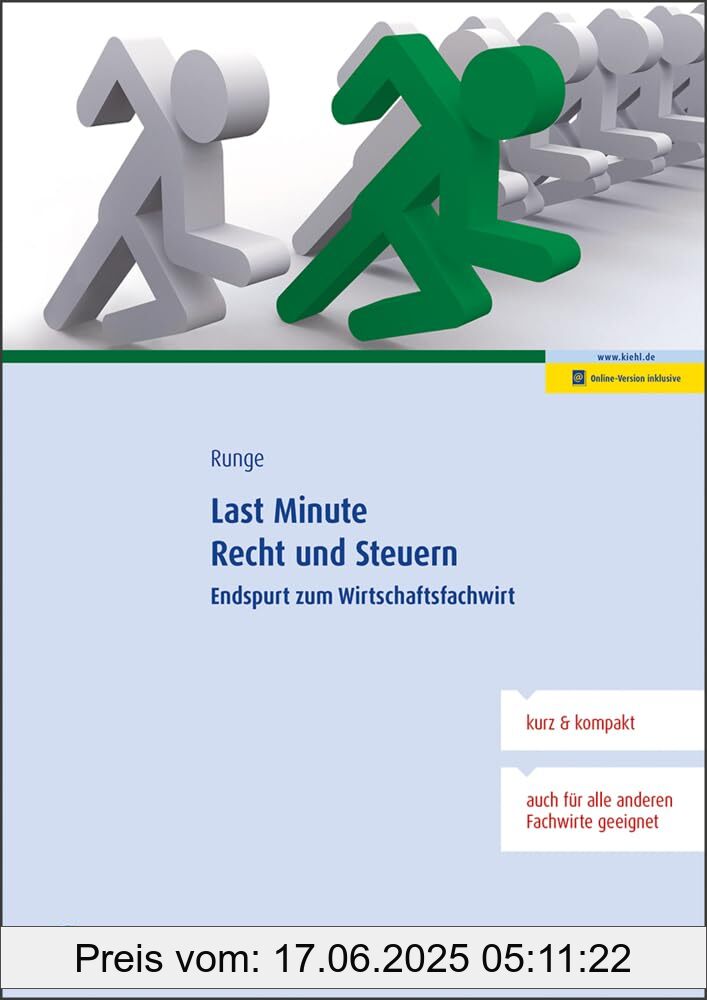 Binding : paperback, Edition : Online-Version inklusive., Label : Last Minute Recht und Steuern : Endspurt zum Wirtschaftsfachwirt, medium : paperback, numberOfPages : 202, publicationDate : 2024-11-21, languages : german, ISBN : 347011031X
