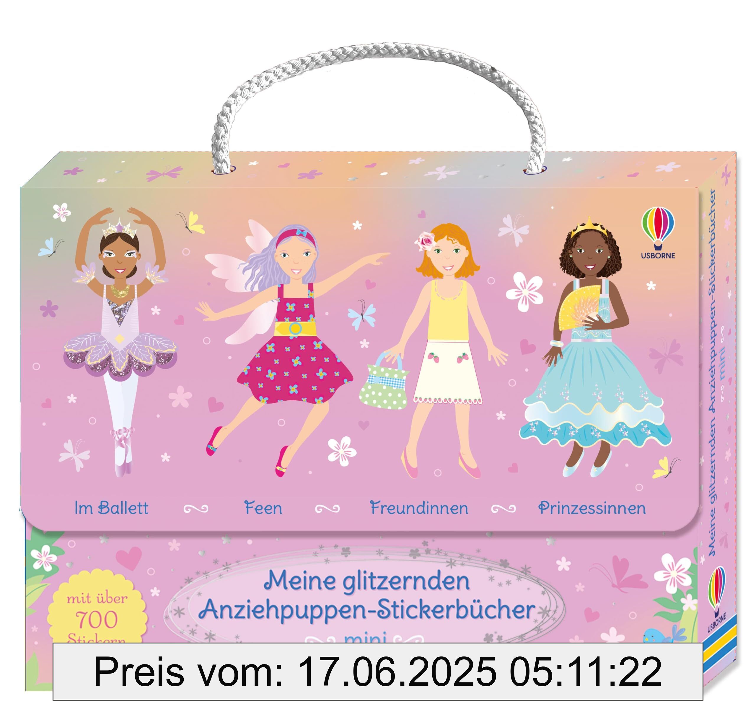 Binding : paperback, Edition : 1., Label : Meine glitzernden Anziehpuppen-Stickerbücher mini : Im Ballett, Feen, Freundinnen und Prinzessinnen : vier handliche Stickerhefte im praktischen Koffer ... viele mit Glitzer – für Kinder ab 5 Jahren, NumberOfItems : 4, medium : paperback, numberOfPages : 112, publicationDate : 2025-01-09, releaseDate : 2025-01-09, languages : german, ISBN : 1035704080