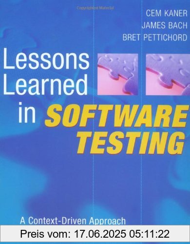 Brand : John Wiley und Sons, Binding : Taschenbuch, Edition : 1. Auflage, Label : John Wiley & Sons, Publisher : John Wiley & Sons, NumberOfItems : 1, medium : Taschenbuch, numberOfPages : 320, publicationDate : 2002-01-09, authors : Cem Kaner, James Bach, Bret Pettichord, languages : english, ISBN : 0471081124