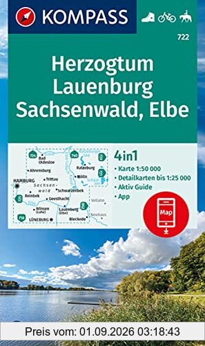 KOMPASS Wanderkarte 722 Herzogtum Lauenburg, Sachsenwald, Elbe: 4in1 Wanderkarte 1:50000 mit Aktiv Guide und Detailkarten inklusive Karte zur offline ... Reiten. (KOMPASS-Wanderkarten, Band 722)