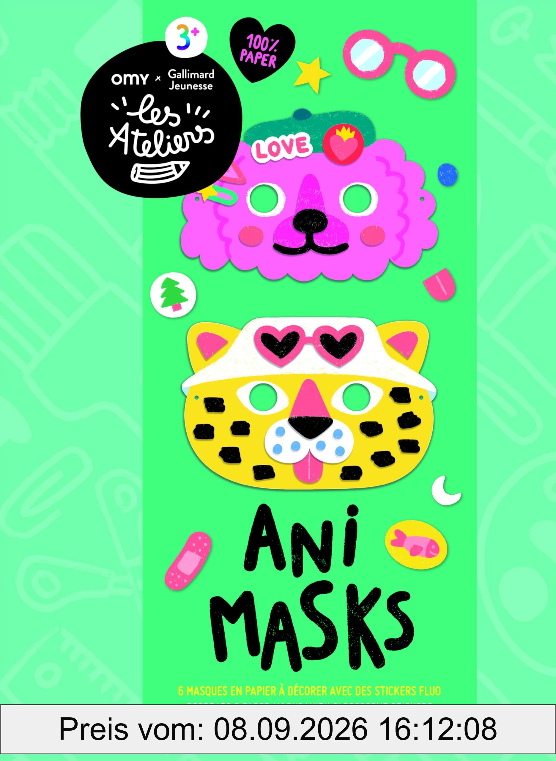 Ani masks: 6 masques en papier à décorer avec des stickers fluo