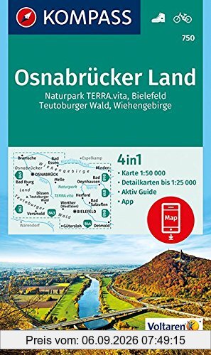 Osnabrücker Land: 4in1 Wanderkarte 1:50000 mit Aktiv Guide und Detailkarten inklusive Karte zur offline Verwendung in der KOMPASS-App. Fahrradfahren. (KOMPASS-Wanderkarten, Band 750)