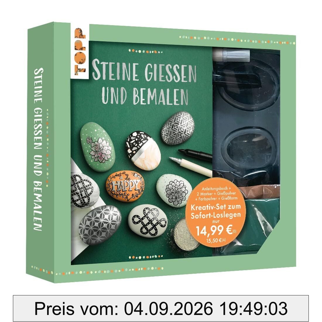 Kreativ-Set - Steine gießen: Buch (32 S., DIN A5, Softcover), Gießform, weißes Gießpulver, Farbpulver in Grün, Orange, Schwarz, Acrylmarker in Silber und Schwarz