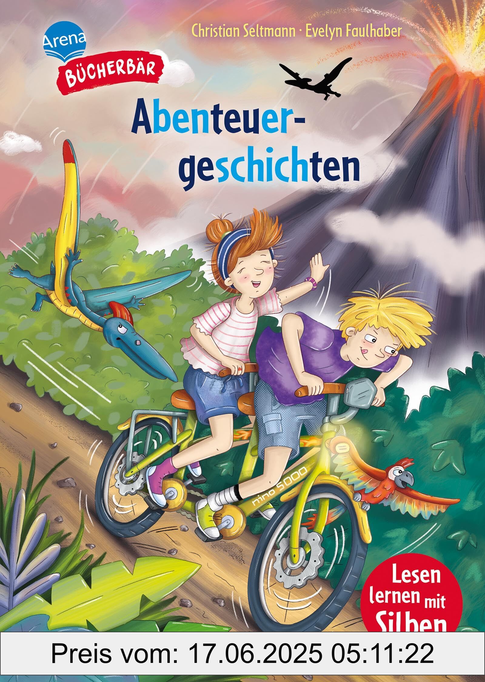 Binding : hardcover, Label : Abenteuergeschichten : Bücherbär : Erstlesebuch mit Silbentrennung; actionreiche Zeitreise – mit Sauriern, Ufos und Rittern, für die 1. Klasse, ab 6 Jahren (Der Bücherbär : Lesen lernen mit Silben), medium : hardcover, numberOfPages : 48, publicationDate : 2025-02-03, languages : german, ISBN : 3401720023