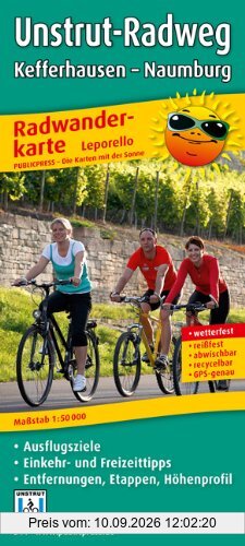 Radwanderkarte Leporello Unstrut-Radweg: Mit Ausflugszielen, Einkehr- & Freizeittipps, Entfernungen, Etappen, Höhenprofil, wetterfest, reißfest, abwischbar, GPS-genau. 1:50000