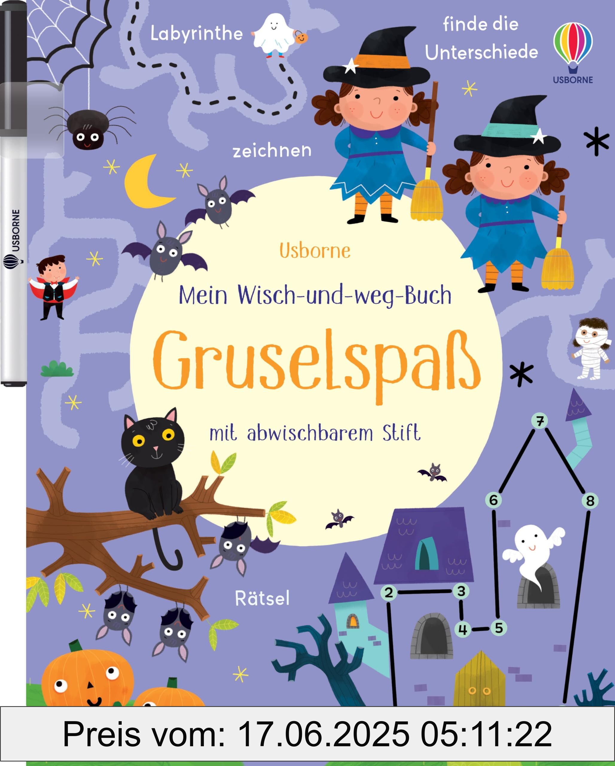 Brand : Usborne, Binding : paperback, Edition : 1., Label : Mein Wisch-und-weg-Buch : Gruselspaß : mit abwischbarem Stift – Zähl-, Zuordnungs- und Schwungübungen für Kinder ab 4 Jahren, medium : paperback, numberOfPages : 24, publicationDate : 2024-09-12, releaseDate : 2024-09-12, languages : german, ISBN : 1035702835