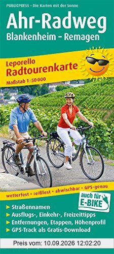 Ahr-Radweg, Blankenheim - Remagen: Leporello Radtourenkarte mit Ausflugszielen, Einkehr- und Freizeittipps, reissfest, wetterfest, beschriftbar, GPS-genau. 1:50000 (Leporello Radtourenkarte: LEP-RK)