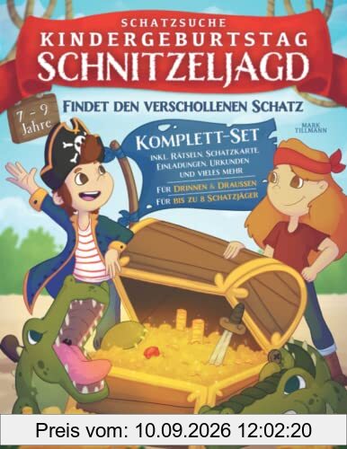 Schatzsuche Kindergeburtstag Schnitzeljagd: 7 bis 9 Jahre | Findet den verschollenen Piratenschatz! Komplett-Set inkl. Rätseln, Schatzkarte, Einladungen, Urkunden und vieles mehr