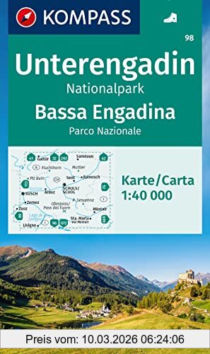 unbekannt Kompass Wanderkarte 98 Unterengadin, Nationalpark / Bassa Engadina, Parco Nazionale 1, 40.000, Markierte Wanderwege, Hütten, Radrouten