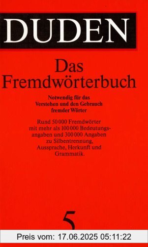 Brand : Bibliographisches Institut & Fa Brockhaus Ag, Binding : Gebundene Ausgabe, Edition : 5. neubearb. u. erw. Aufl., Label : Dudenverlag, Publisher : Dudenverlag, NumberOfItems : 1, PackageQuantity : 1, medium : Gebundene Ausgabe, numberOfPages : 832, publicationDate : 1990-06-01, publishers : Dudenredaktion, languages : german, ISBN : 3411209151