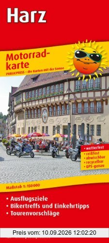 Motorradkarte Harz: Mit Ausflugszielen, Einkehr- & Freizeittipps und Tourenvorschlägen, wetterfest, reissfest, abwischbar, GPS-genau. 1:150000