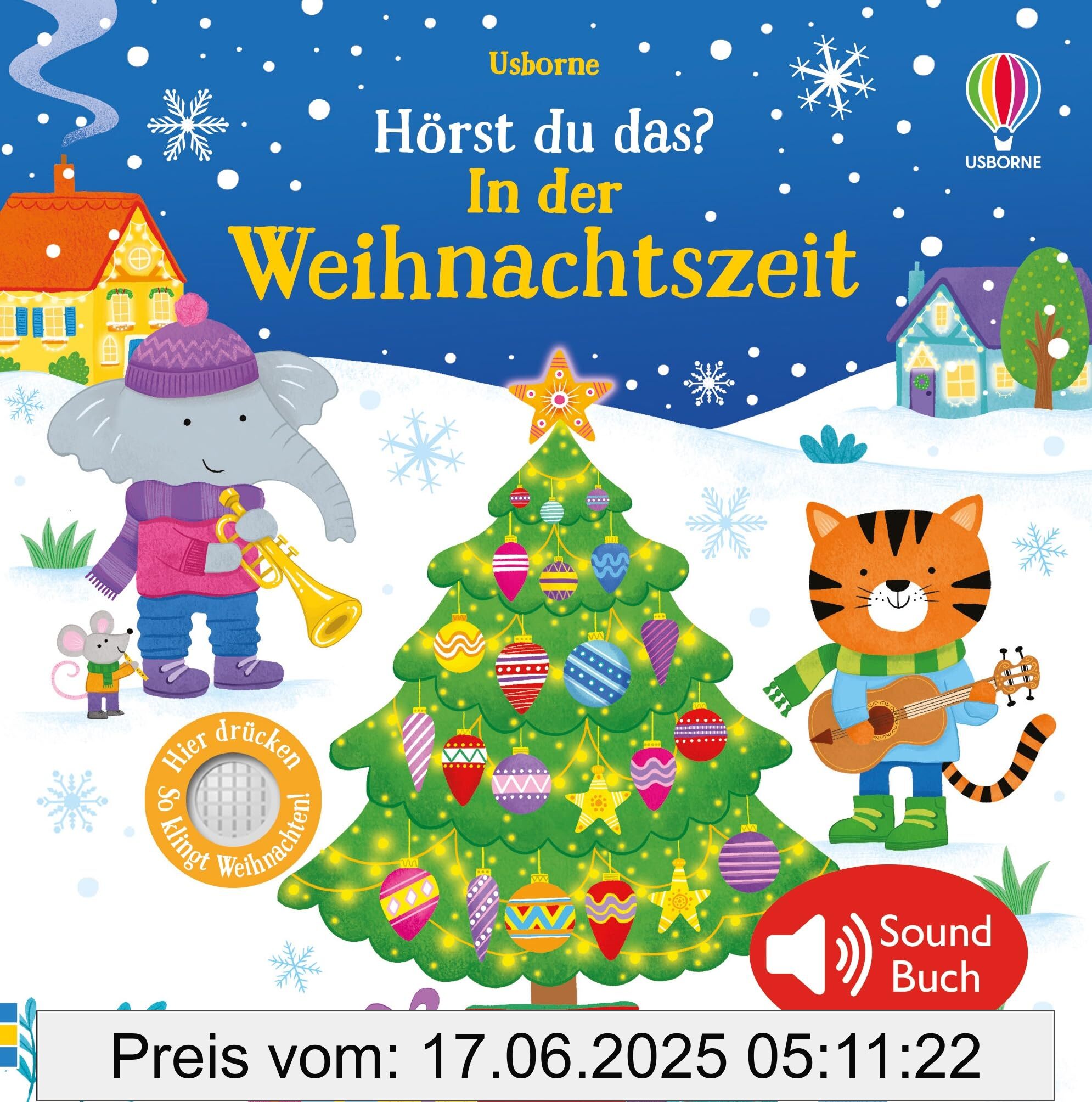 Binding : hardcover, Edition : 1., Label : Hörst du das? In der Weihnachtszeit : Soundbuch zu Weihnachten mit 5 echten Geräuschen – für Kinder ab 3 Jahren, medium : hardcover, numberOfPages : 10, publicationDate : 2024-09-12, releaseDate : 2024-09-12, languages : german, ISBN : 103570188X
