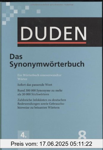 Brand : Duden, Binding : Gebundene Ausgabe, Edition : 4., neu bearbeitete Auflage., Label : Bibliographisches Institut, Mannheim, Publisher : Bibliographisches Institut, Mannheim, medium : Gebundene Ausgabe, numberOfPages : 1104, publicationDate : 2006-10-10, publishers : Wolfgang Müller, languages : german, ISBN : 341104084X