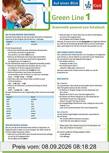 Klett Green Line 1 G8 und G9 Klasse 5 - Auf einen Blick: Grammatik passend zum Schulbuch