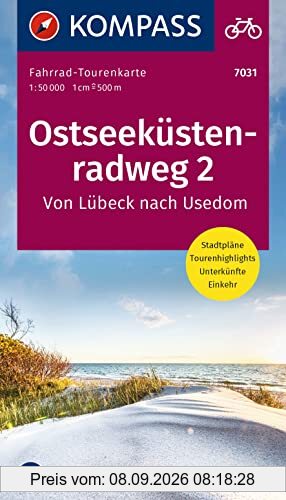 KOMPASS Fahrrad-Tourenkarte Ostseeküstenradweg 2 1:50.000: von Lübeck nach Usedom, Leporello Karte, reiß- und wetterfest