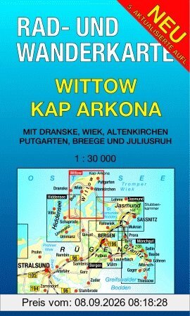 Rad- und Wanderkarte Wittow, Kap Arkona: Mit Dranske, Wiek, Altenkirchen, Putgarten, Breege und Juliusruh. Maßstab 1:30.000.