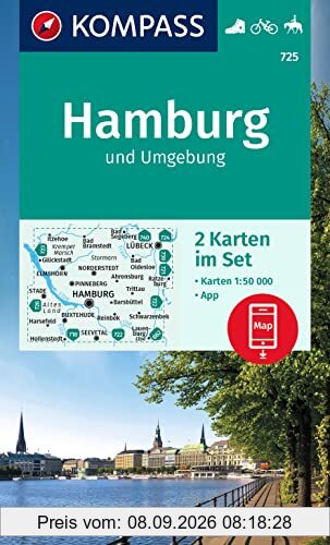 KOMPASS Wanderkarte 725 Hamburg und Umgebung 1:50000 (2 Karten im Set): inklusive Karte zur offline Verwendung in der KOMPASS-App. Fahrradfahren. Reiten.