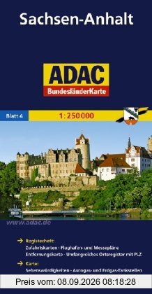 ADAC Bundesländerkarte Sachsen-Anhalt 1:250.000: Registerheft: Zufahrtskarten - Flughafen- und Messepläne - Entfernungskarte - Umfangreiches ... Kennzeichnung landschaftlich schöner Strecken
