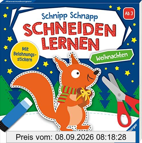 Ravensburger Schnipp-Schnapp Schneiden lernen Weihnachten - Schneiden und Kleben ab 3 Jahren - Block mit Belohnungsstickern und Profi-Urkunde - Perforierte Seiten