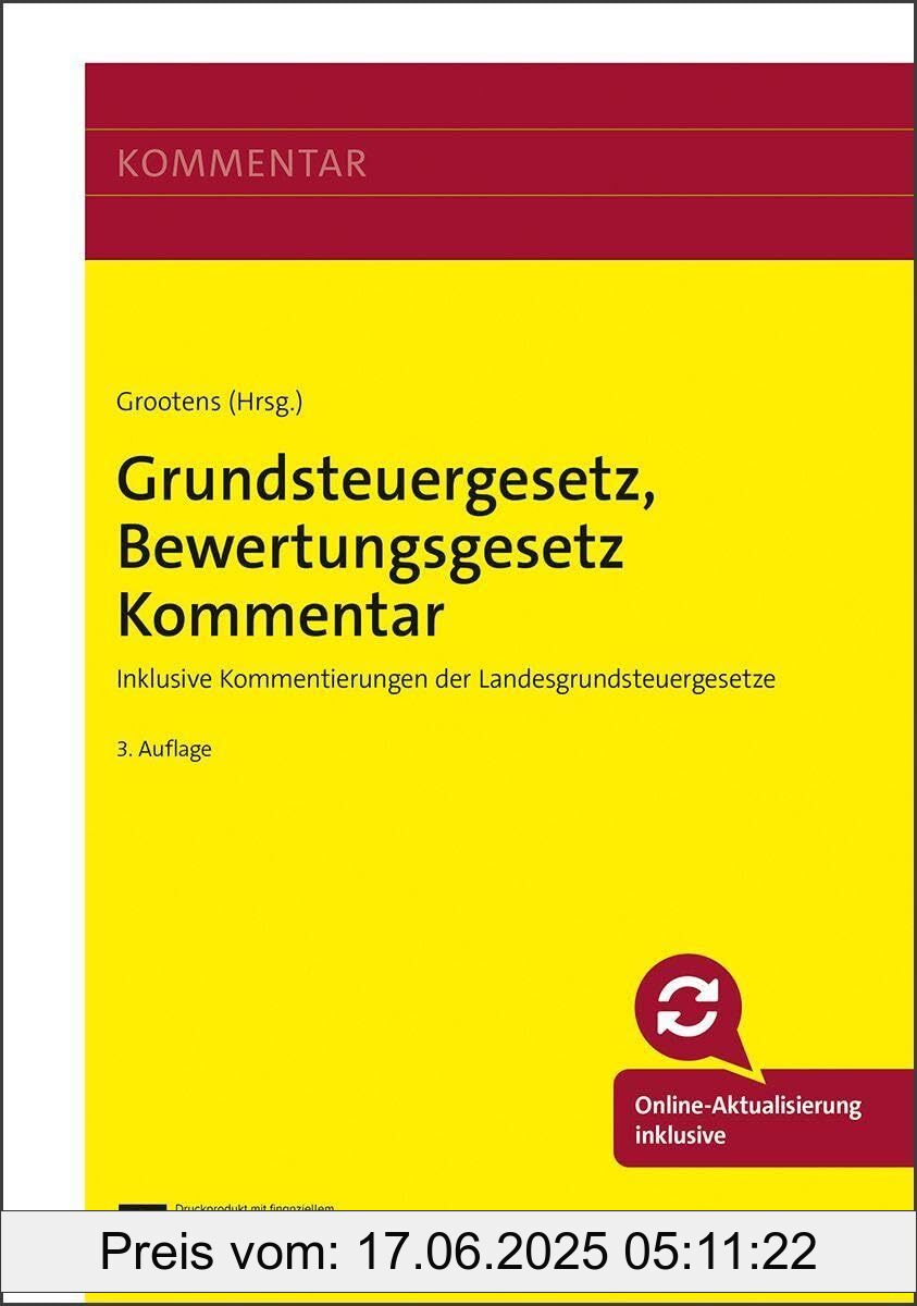 Binding : paperback, Edition : Aktualisierung im Internet inklusive., Label : Grundsteuergesetz, Bewertungsgesetz Kommentar : Inklusive Kommentierungen der Landesgrundsteuergesetze, medium : paperback, numberOfPages : 1747, publicationDate : 2025-03-31, languages : german, ISBN : 3482678030