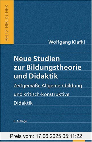 Binding : Taschenbuch, Edition : 6., neu ausgestattete Aufl., Label : Beltz, Publisher : Beltz, medium : Taschenbuch, numberOfPages : 327, publicationDate : 2007-08-17, authors : Wolfgang Klafki, languages : german, ISBN : 340732085X