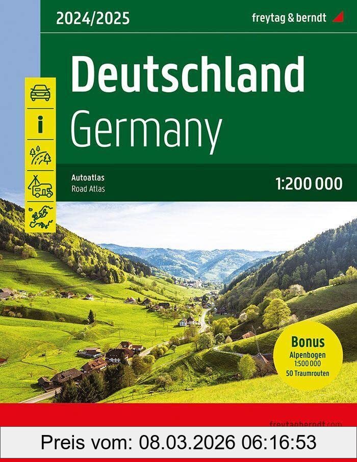 Deutschland, Autoatlas 1, 200.000, 2024/2025, Freytag & Berndt, Mit Kartenteil Alpenbogen 1, 500.000 Und 50 Traumrouten, Spiralbindung (freytag &