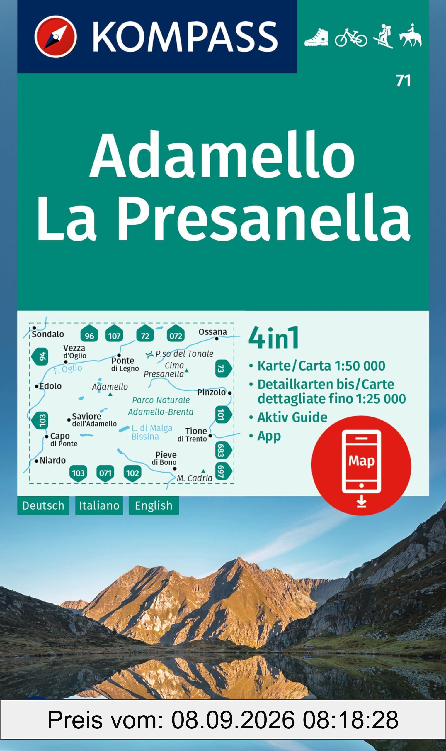 KOMPASS Wanderkarte 71 Adamello, La Presanella 1:50.000: 4in1 Wanderkarte mit Aktiv Guide und Detailkarten inklusive Karte zur offline Verwendung in der KOMPASS-App. Fahrradfahren. Skitouren. Reiten.