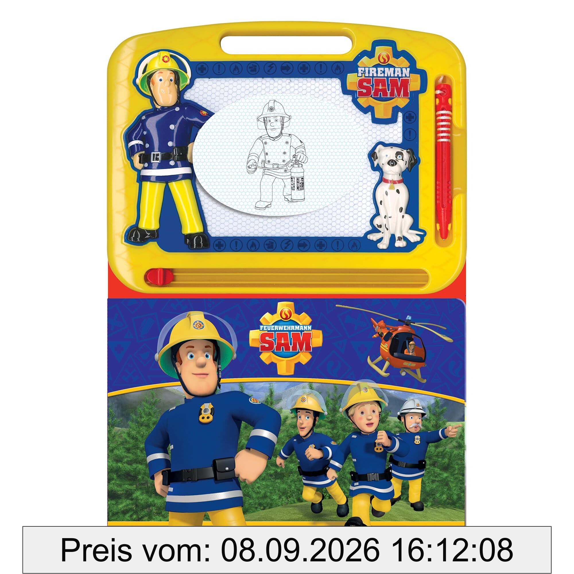 Feuerwehrmann Sam Zur Rettung Lern- und Zaubertafel – Lernmaterialien für Kinder, 22-seitiges Pappbilderbuch, 1 Magnetische Zeichentafel, 1 Magnetstift