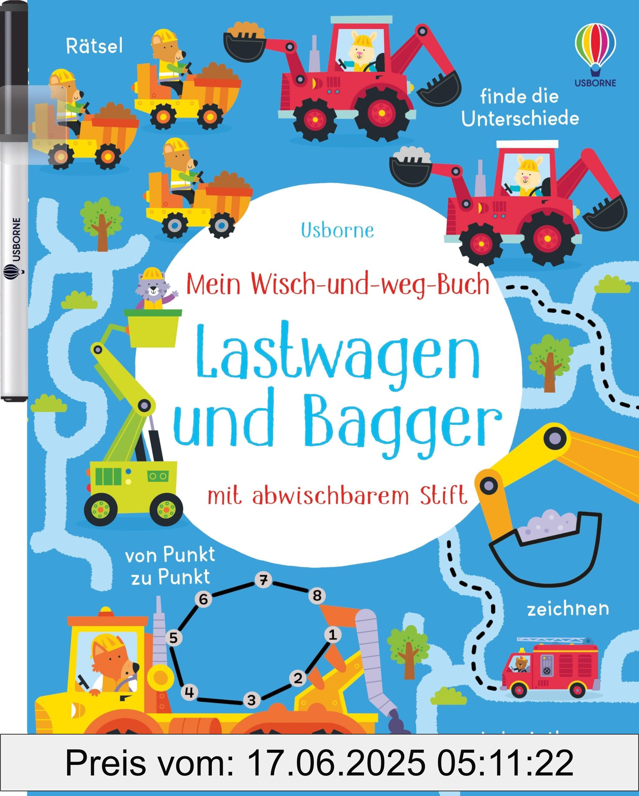Binding : paperback, Edition : 1., Label : Mein Wisch-und-weg-Buch : Lastwagen und Bagger : mit abwischbarem Stift – Zähl-, Zuordnungs- und Schwungübungen für Kinder ab 4 Jahren, medium : paperback, numberOfPages : 24, publicationDate : 2024-11-14, releaseDate : 2024-11-14, languages : german, ISBN : 1035702843