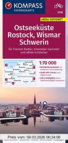 Kompass-Karten GmbH Kompass Fahrradkarte 3318 Ostseeküste, Rostock, Wismar, Schwerin, 1, 70000, Reiß- Und Wetterfest Mit Extra Stadtplänen