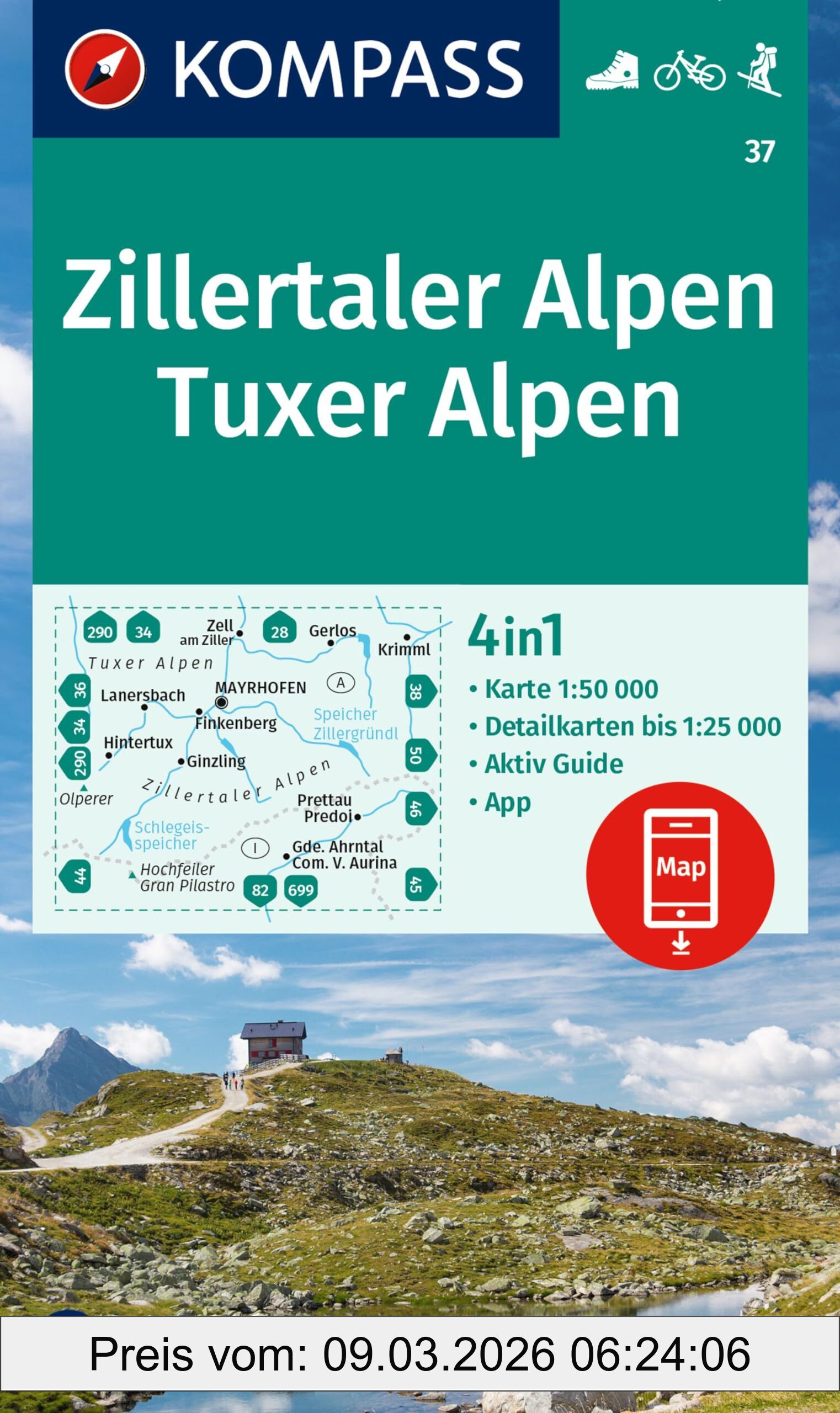 unbekannt Kompass WK37 Zillertaler Alpen, Wandelkaart Schaal 1, 50.000