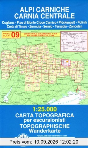 Karnische Alpen: Wanderkarte Tabacco 09. 1:25000 (Cartes Topograh)