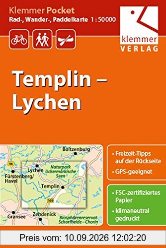 Klemmer Pocket Rad-, Wander- und Paddelkarte Templin - Lychen: Maßstab 1:50.000, GPS geeignet, Freizeit-Tipps auf der Rückseite