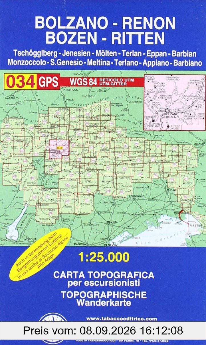 Bozen, Ritten, Tschögglberg: Wanderkarte Tabacco 034. 1:25000: GPS. UTM-Gitter (Carte topografiche per escursionisti, Band 34)