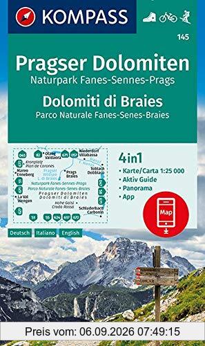 KOMPASS Wanderkarte Pragser Dolomiten, Naturpark Fanes-Sennes-Prags, Dolomiti di Braies, Parco Naturale Fanes-Senes-Braies: 4in1 Wanderkarte 1:25000 ... Skitouren. (KOMPASS-Wanderkarten, Band 145)
