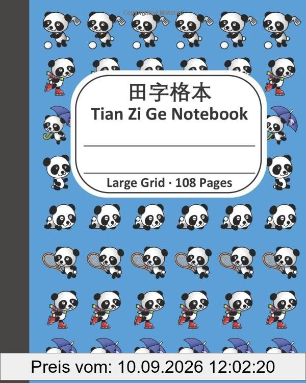 Tian Zi Ge Notebook, Large Grid,108 pages: Tianzige Writing Paper for Chinese Characters, 8''x10'', in Blue Panda