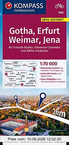 KOMPASS Fahrradkarte Gotha, Erfurt, Weimar, Jena: reiß- und wetterfest mit Extra Stadtplänen (KOMPASS-Fahrradkarten Deutschland, Band 3362)