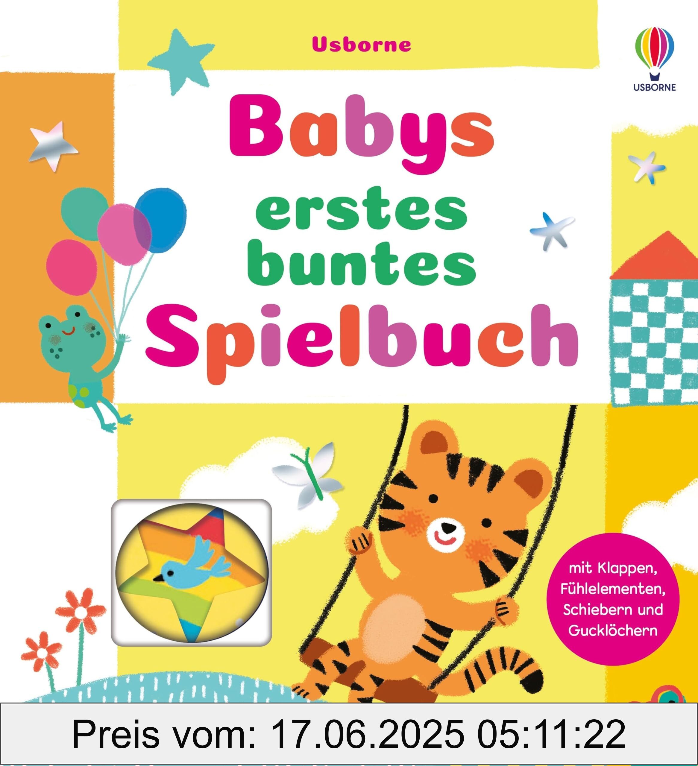 Brand : Usborne, Binding : hardcover, Edition : 1., Label : Babys erstes buntes Spielbuch : spielerisch die Welt der Bücher entdecken mit Klappe, Schieber, Gucklöchern, Fühlelementen und vielem mehr – ab 6 Monaten, medium : hardcover, numberOfPages : 10, publicationDate : 2024-11-14, releaseDate : 2024-11-14, languages : german, ISBN : 1035701073