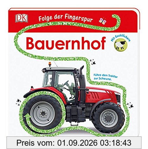 Folge der Fingerspur. Bauernhof: Führe den Traktor zur Scheune. Mit Glitzerspur und Gucklöchern.