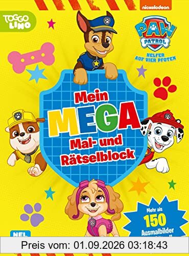 PAW Patrol: Mein Mega Mal- und Rätselblock: Mehr als 150 Malbilder und Rätsel - superdicker Block! | (ab 3 Jahren)