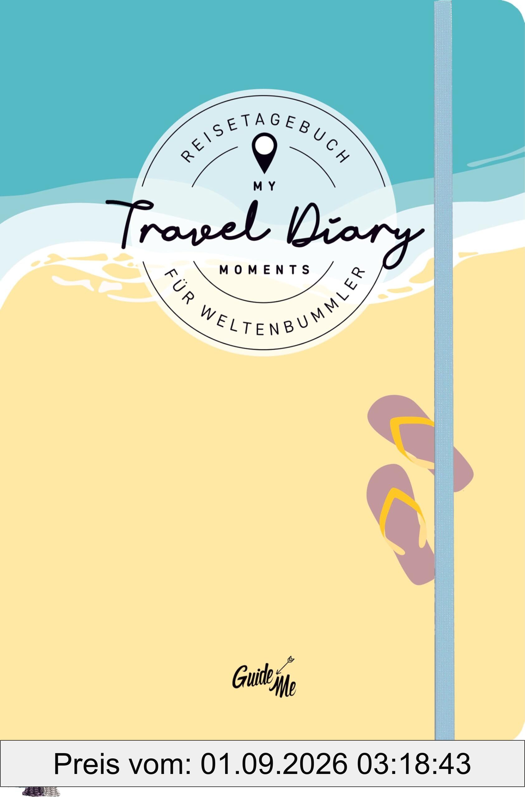 GuideMe Reisetagebuch Travel Diary „Flipflops“: Tagebuch zum Ausfüllen mit freien Seiten, Sammeltasche, Stickerbogen & 3 Lesebändchen