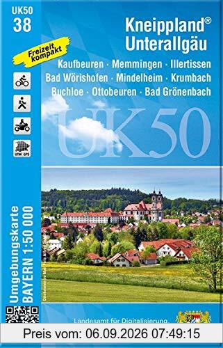 UK50-38 Kneippland Unterallgäu: Kaufbeuren, Memmingen, Illertissen, Bad Wörishofen, Mindelheim, Krumbach, Buchloe, Ottobeuren, Bad ... Karte Freizeitkarte Wanderkarte)