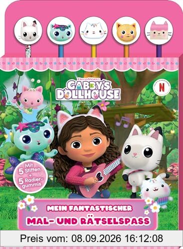 Gabby's Dollhouse: Mein fantastischer Mal- und Rätselspaß: Block mit 5 Stiften und 5 Radiergummis