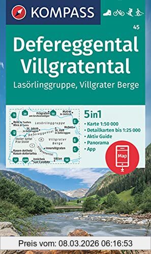 Kompass-Karten GmbH Kompass Wanderkarte 45 Defereggental, Villgratental, Lasörlinggruppe, Villgrater Berge 1, 50000, 5in1 Wanderkarte Mit Panorama, Aktiv Guide Und ...