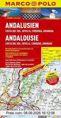 MARCO POLO Karte Andalusien, Costa del Sol, Sevilla, Cordoba, Granada 1:200.000: Mit landschaftlich schönen Strecken und Sehenswürdigkeiten. ... Entfernungstabelle, Ortsregister, 6 Citypläne