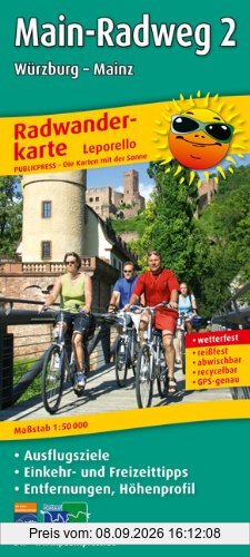 Radwanderkarte Main-Radweg 2 Würzburg-Mainz: Mit Ausflugszielen, Einkehr- & Freizeittipps, wetterfest, reissfest, abwischbar, GPS-genau. 1:50000