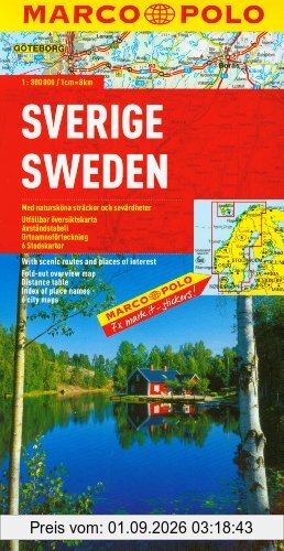 MARCO POLO Länderkarte Schweden 1:800.000: Mit landschaftlich schönen Strecken und Sehenswürdigkeiten. Übersichtskarte zum Ausklappen, Entfernungstabelle, Ortsregister, 6 Citypläne