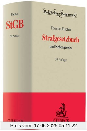 Binding : Gebundene Ausgabe, Edition : 59. Auflage., Label : Beck Juristischer Verlag, Publisher : Beck Juristischer Verlag, medium : Gebundene Ausgabe, numberOfPages : 2584, publicationDate : 2011-12-16, authors : Thomas Fischer, Otto Schwarz, Eduard Dreher, Herbert Tröndle, languages : german, ISBN : 3406624073
